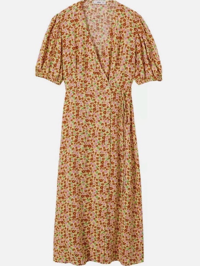 Mango Floral Wrap Midi Lucy Dress With Button Detail Ruffle Sleeves Size 2 / Xs